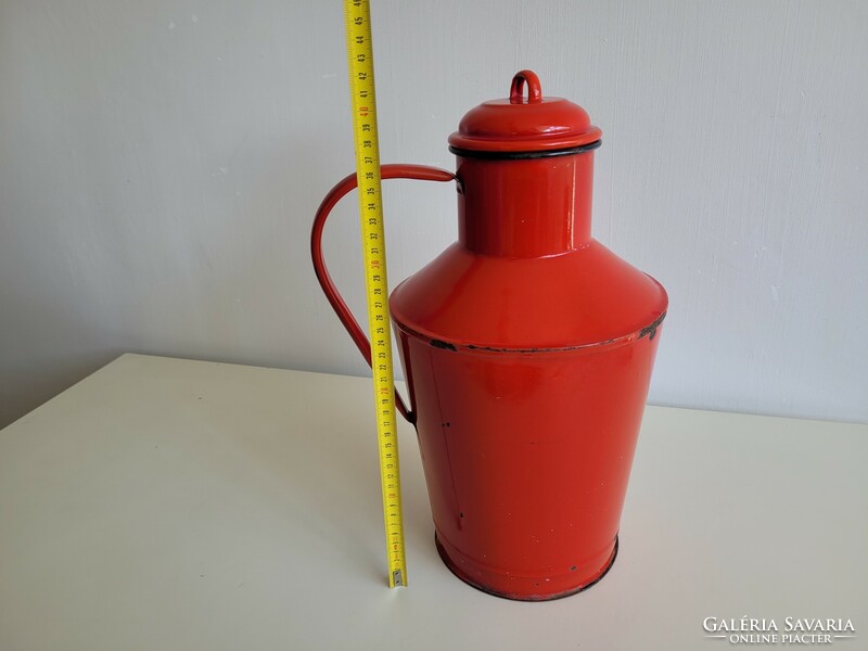 Old vintage enamel red enameled iron jug 7 l water jug decoration water jug bonyhád