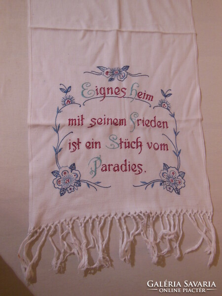 Kitchen towel - 95 x 45 cm + fringe - hand embroidery - old - snow white - cotton canvas - flawless