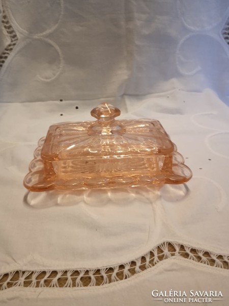 Pink glass butter container