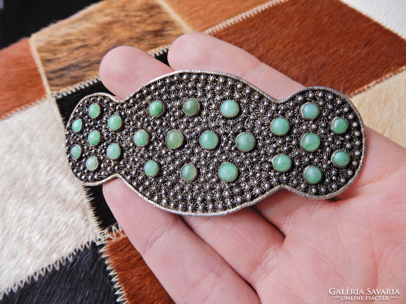Old Chinese filigree large silver brooch with jade beads