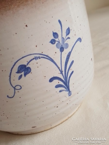 Dotted glazed German ceramic kaspo pot flower holder blue flower pattern marked 14x12 cm