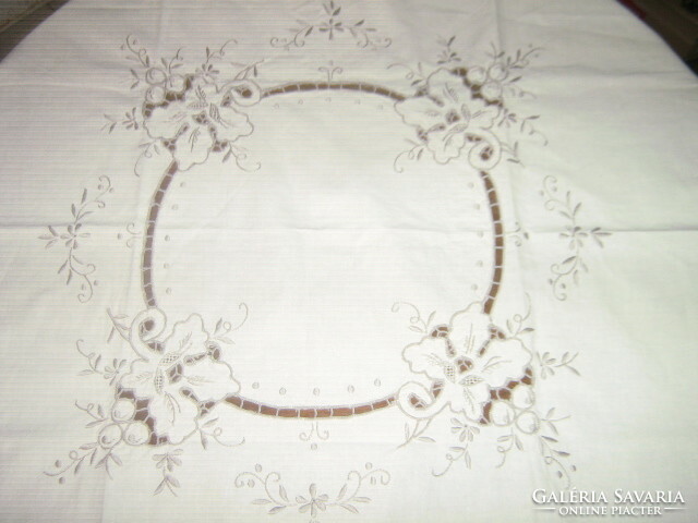 Beautiful vintage off-white graphite gray flower embroidered rosette tablecloth