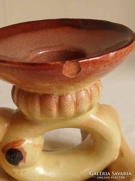 Antique old art deco three-pronged glazed ceramic table candle holder, marked