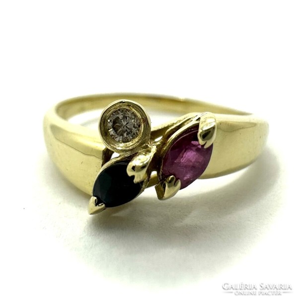Yellow gold ring with diamonds, rubies and blue sapphires