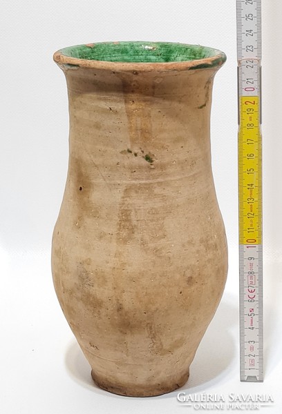 Folk unglazed ceramic milk jug with dark green glaze spots (3016)