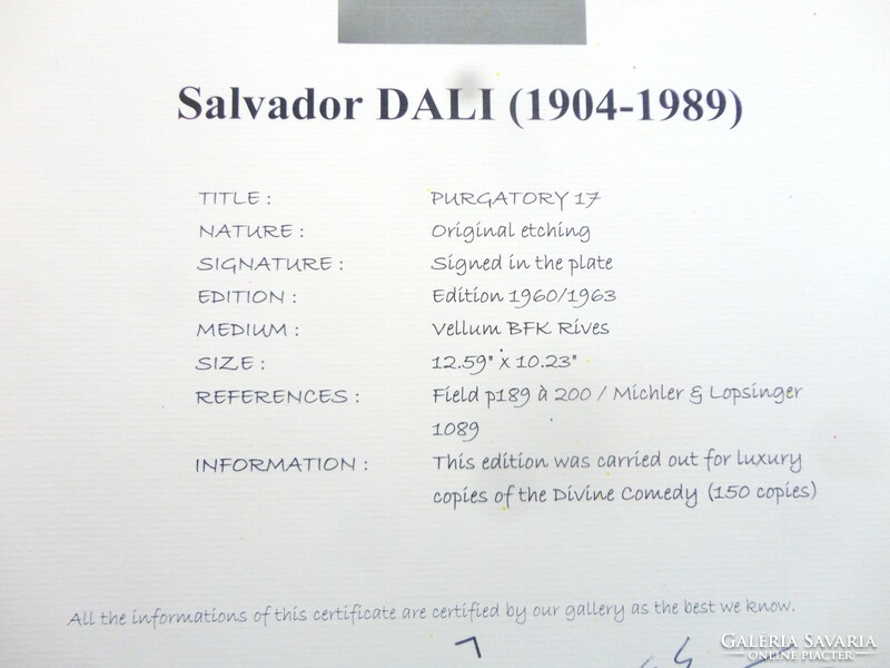 Salvador dali: divine play - purgatory - etching with certification