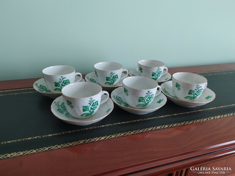 Herendi - coffee set with green flower decor, marked, 6 cups and 6 saucers
