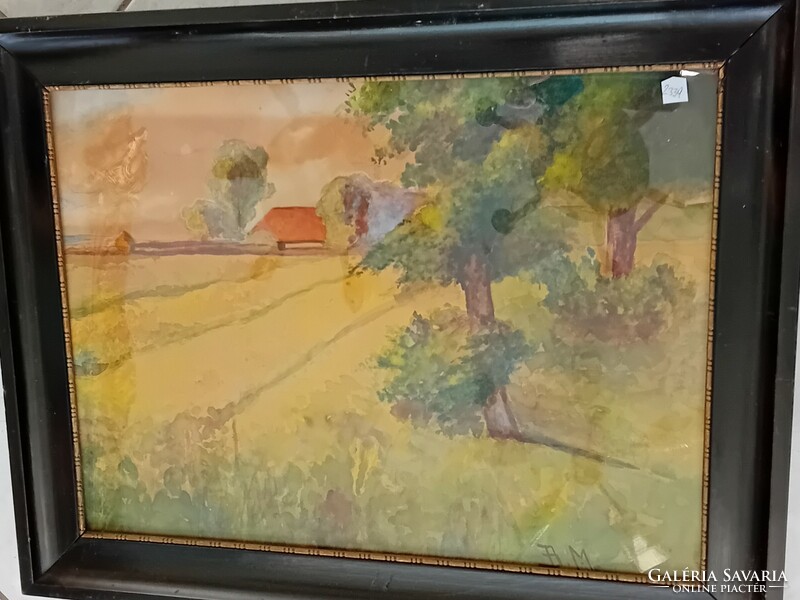 Bm monogram: village landscape, watercolor