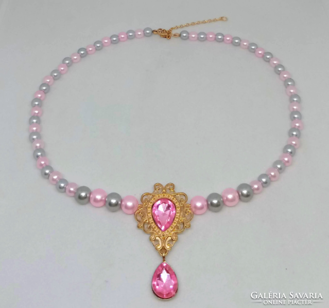 Pink-silver tekla pearl necklace with pink crystal pendant 261