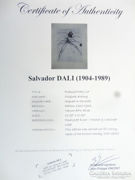 Salvador DALI: Isteni színjáték - Purgatórium - rézkarc certifikációval