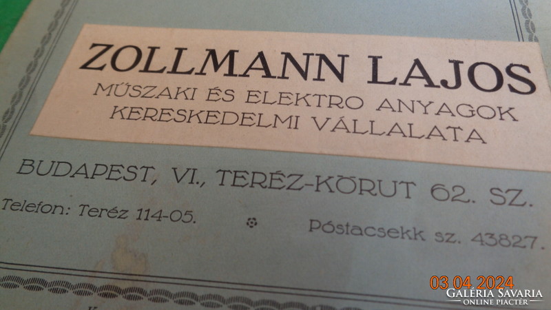 Szórólap a 20 as évekből  , Zollmann L.Budapest   elektromos ajánlat  TURBAX fogaskerék