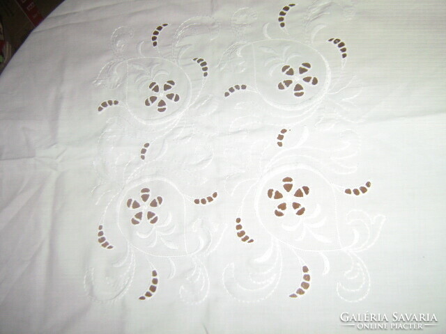 Beautiful white madeira tablecloth with floral embroidery and lace edges