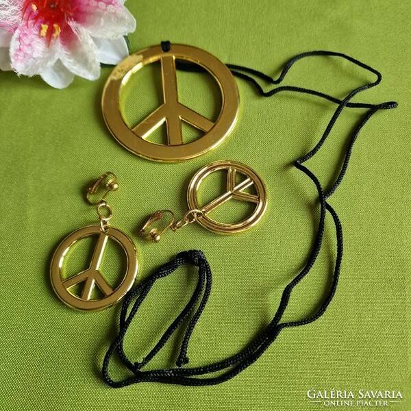 Ész09 - gold-colored peace pendant on a string + earrings