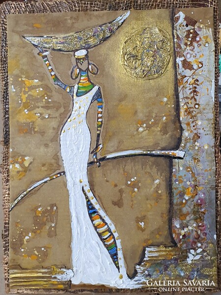 " Színes Afrika sorozat - Arany oszlop tövén  "   - kollázs/ marker /akril  / papír  festmény