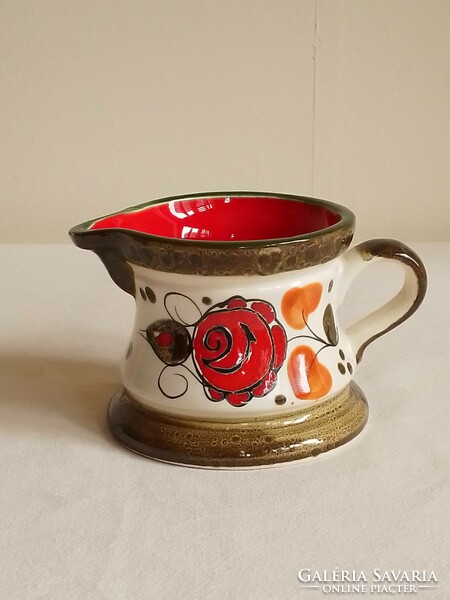 Old glazed Tyrolean ceramic majolica spout with handle small jug hand painted folk floral pattern schramberg