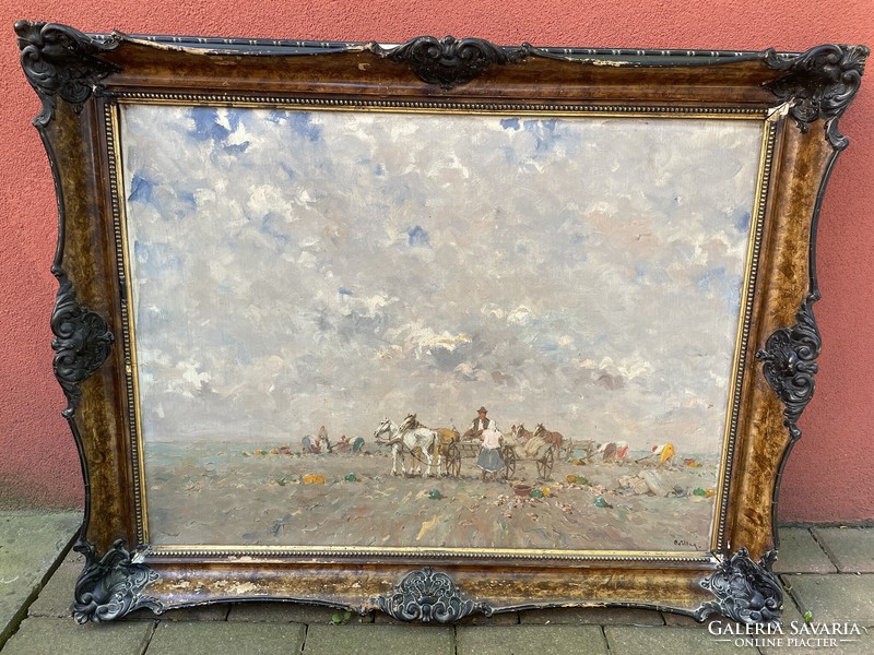 Csillag József tájkép lovas életkép falusi jelenet festmény blondel keretben