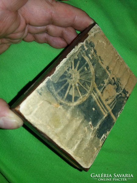 Antique military box carried in a pocket, metal base, decorated with newspaper clippings, 10 x 8 cm as shown in the pictures
