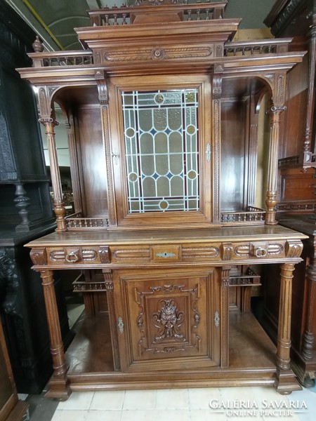 Antique Neo-Renaissance walnut sideboard with stained glass
