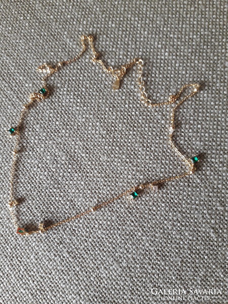 Gold-plated silver necklace with green and small white stones