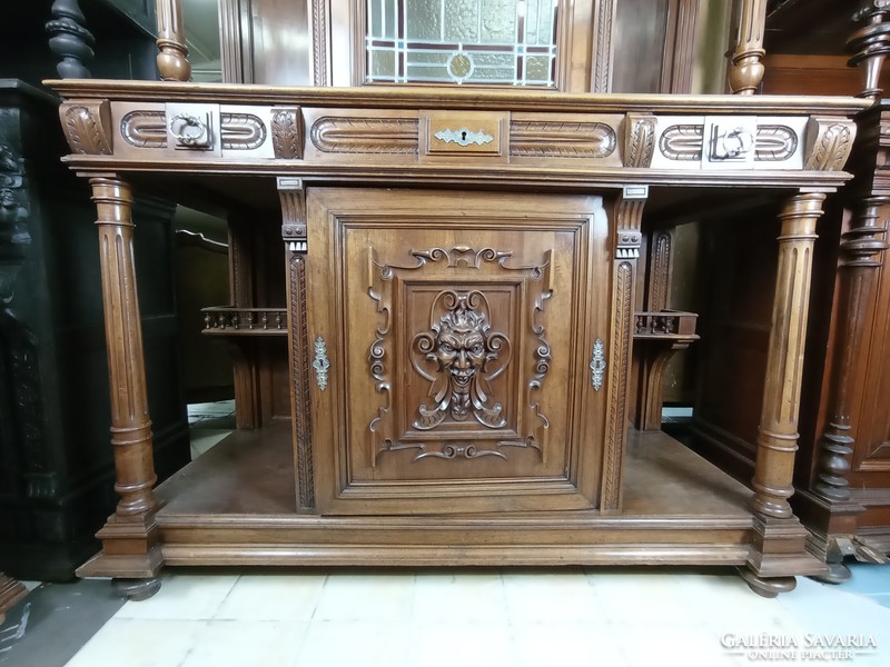 Antique Neo-Renaissance walnut sideboard with stained glass