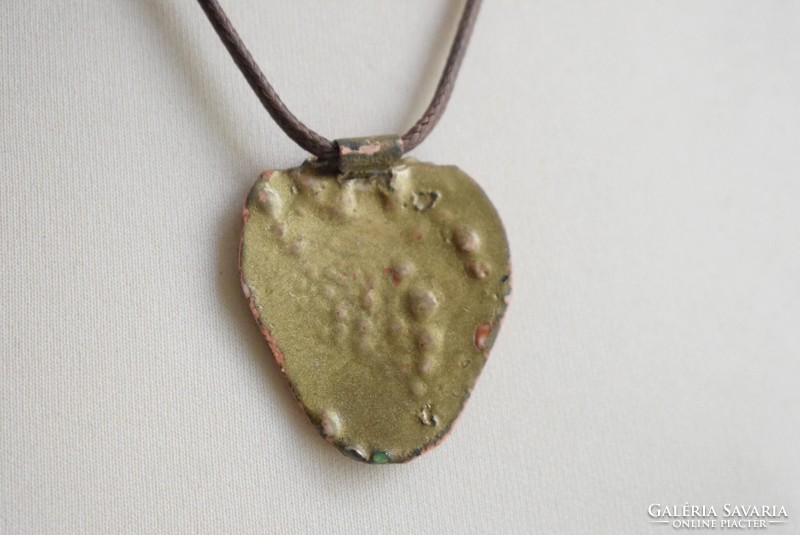 Necklace hippy style leather and fire enamel leaf 48 cm, 4 cm pendant