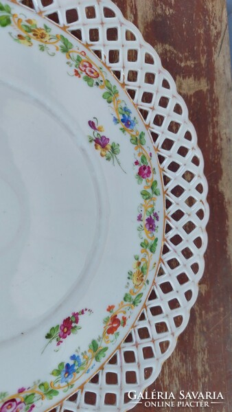 Marked, antique, openwork, hand-painted porcelain bowl