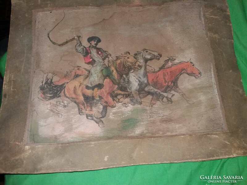 Antique Benyovszky-style color graphics - on foal herding picture 16 x 22 cm + the paszp. According to pictures