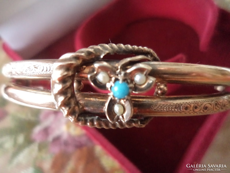 Marked, antique gold-plated silver bracelet decorated with turquoise stones and small baroque pearls