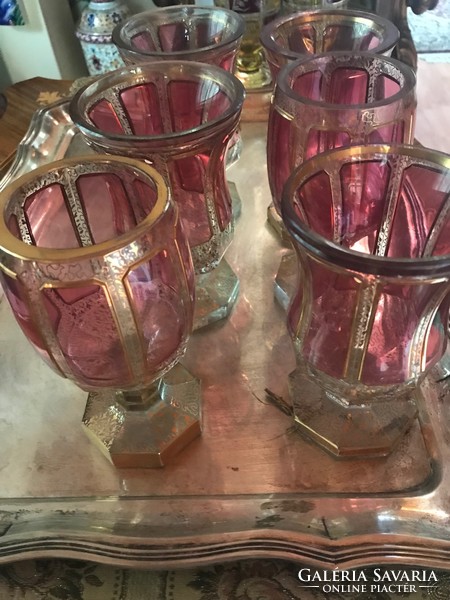 Régi Biedermeier csiszolt színezett kristály pohár