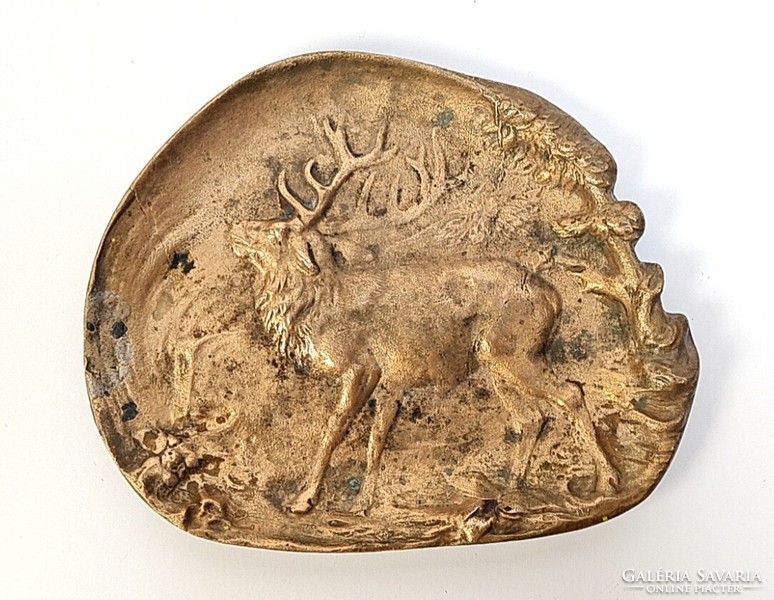 Antique copper/bronze ashtray/bowl depicting deer roaring