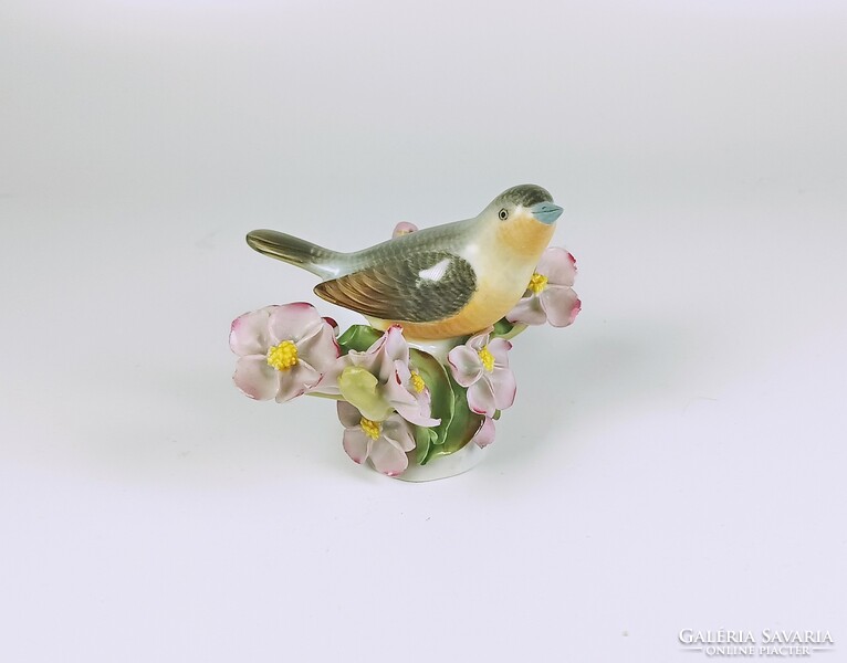 Herend colorful songbird among pink flowers, hand-painted porcelain figurine (b163)