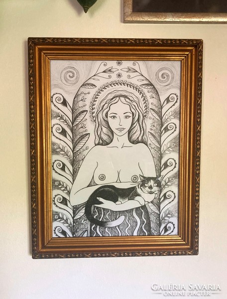 The woman with a cat - 29x37 cm with frame (naked - semi-naked)