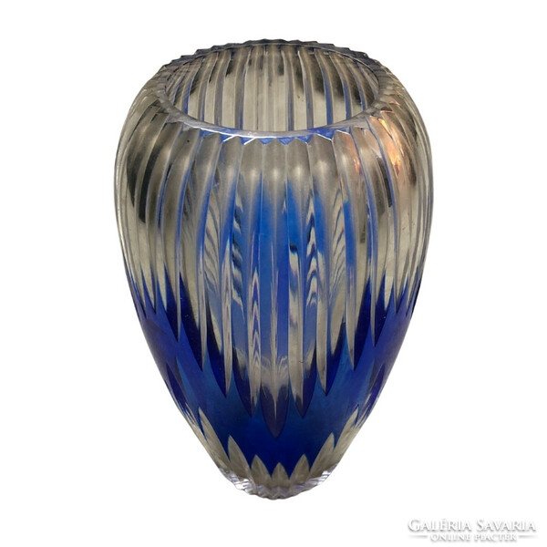 Barázdázott kék és átlátszó üveg váza - M393