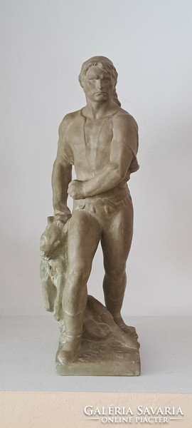 Jenő Grantner: Toldi with the wolf - terracotta sculpture, 36 cm