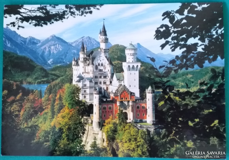 Germany, 19th century Bavarian Neuschwanstein Castle landscape, postcard clear