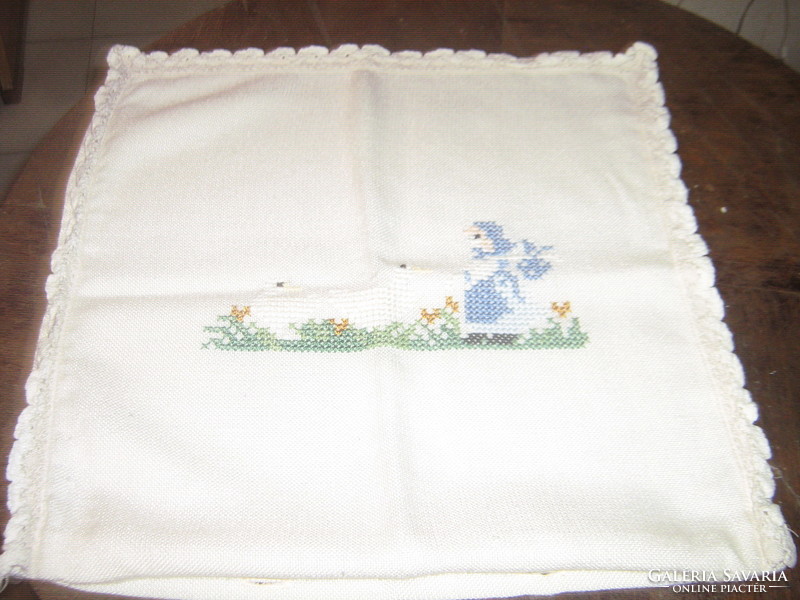 Beautiful vintage cross-stitch embroidered duck shepherdess throw pillow cover