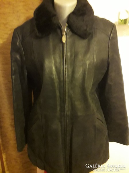 KENVELO téli béléses fekete cipzáros galléros zsebes bőrkabát dzseki 42-44 újszerű