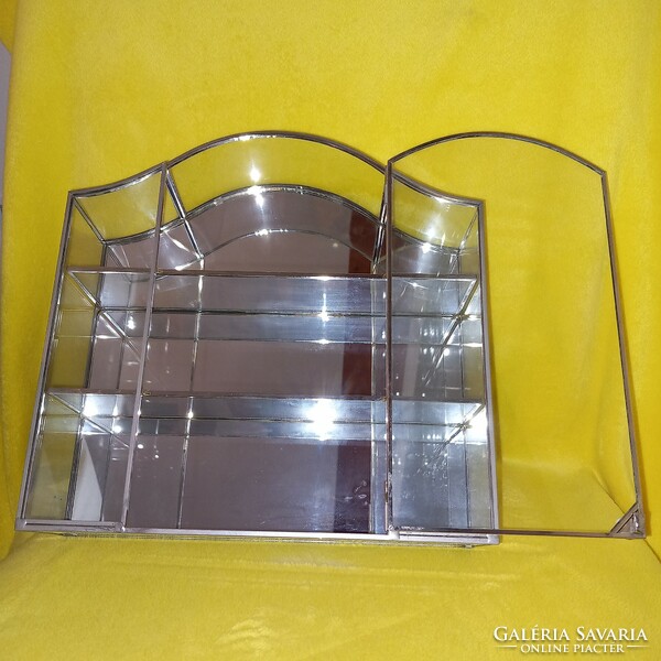 Metal-framed, glass, mirrored wall hanging display case.