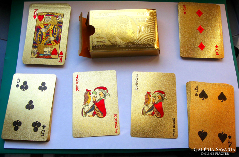 Plasztik francia kártya csomag – 100 Dolláros hátlap mintával – Arany színű - 52+2 lap