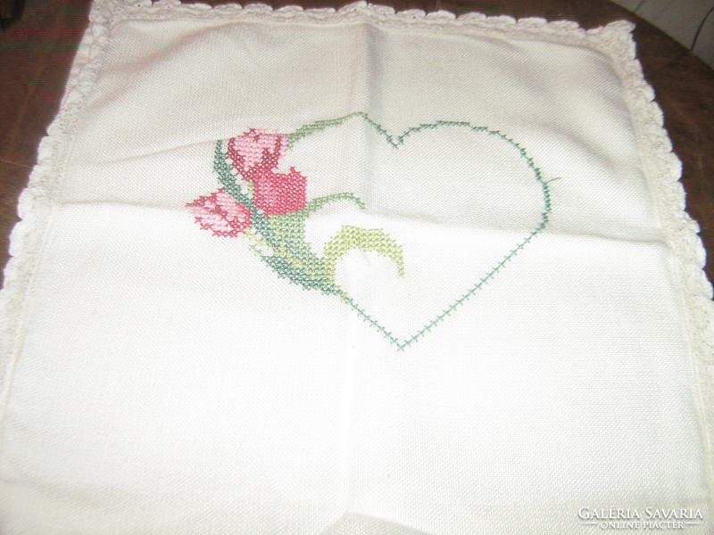 Beautiful vintage cross-stitch embroidered heart tulip cushion cover