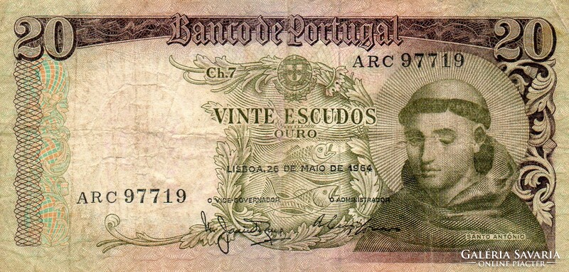 D - 278-  Külföldi bankjegyek:  Portugália 1964  20 escudos