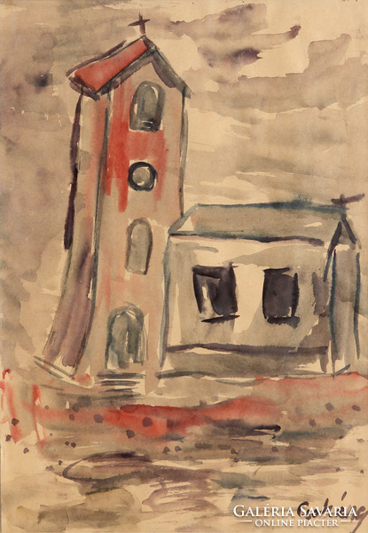 Kálmán Csohány (1925-1980) - church 59x45.5cm watercolor | chapel
