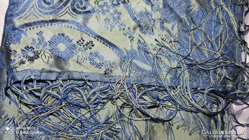Vintage, old fringed blue-silver silk scarf, Austrian women's scarf