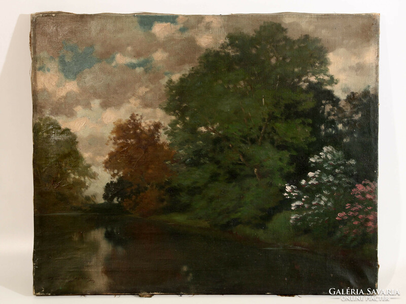 Mihály Székely Tordai - lakeside landscape 56x69cm oil on canvas