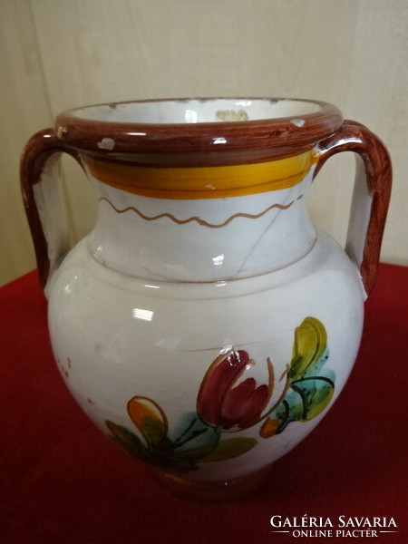 Antique glazed ceramic jug, hand painted, with two handles. Jokai.