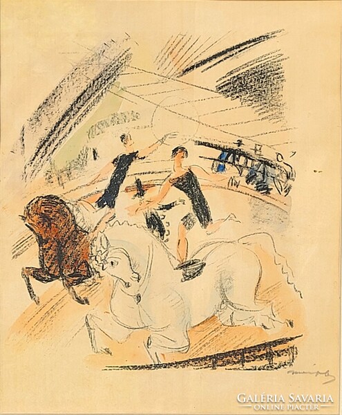Márffy Ödön (1878 - 1959) Cirkusz c akvarellel színezett litográfia Eredeti Garanciával!