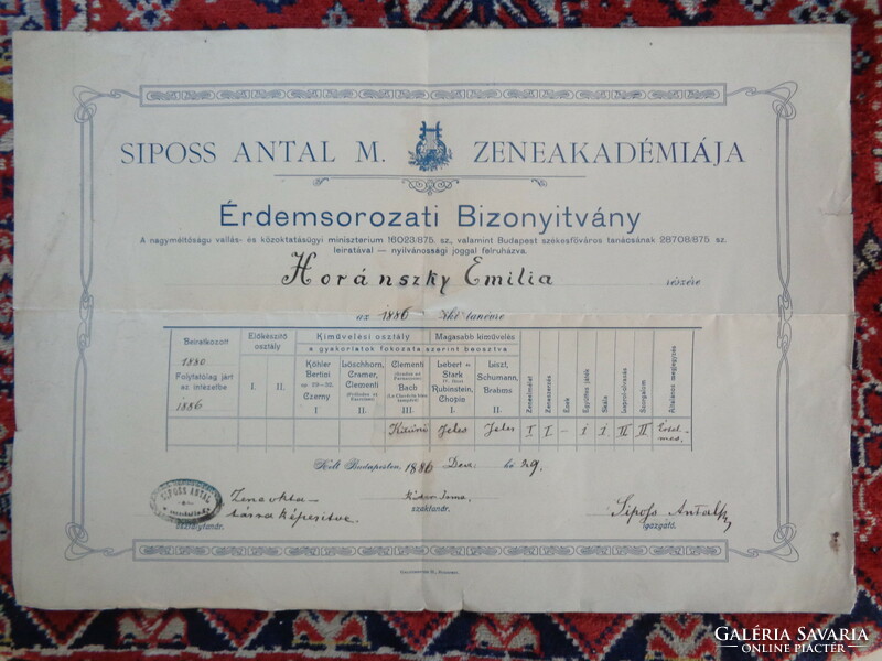 1886 Merit certificate, Sipos Antal Music Academy