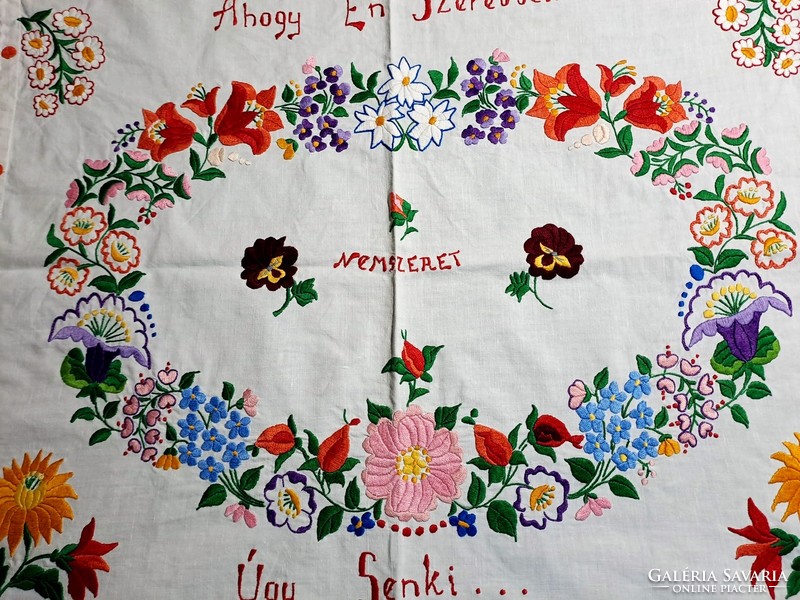 Very rare, richly embroidered with a Kalocsa pattern, old kitchen wall protector with inscription 64 x 53 cm