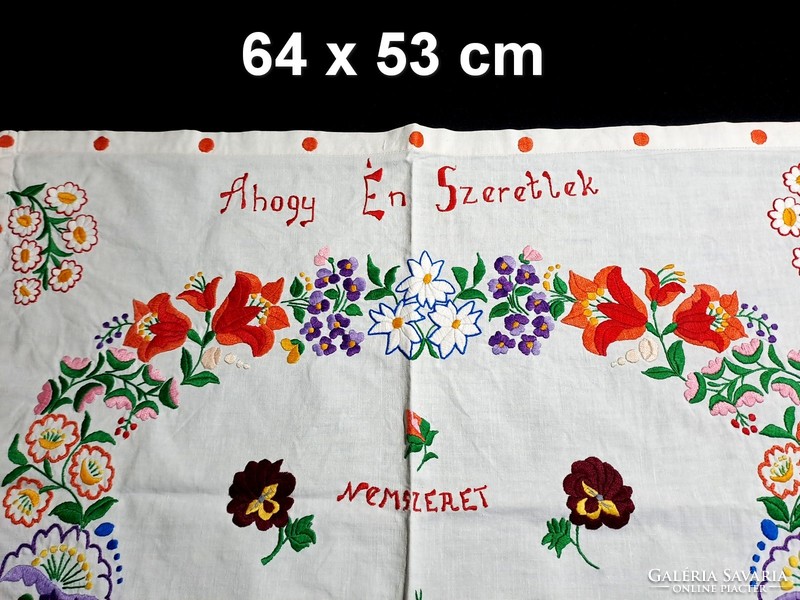 Very rare, richly embroidered with a Kalocsa pattern, old kitchen wall protector with inscription 64 x 53 cm