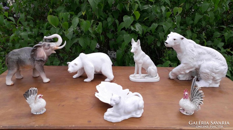 7 Pcs. Porcelain, bear, dog, hen, elephant...